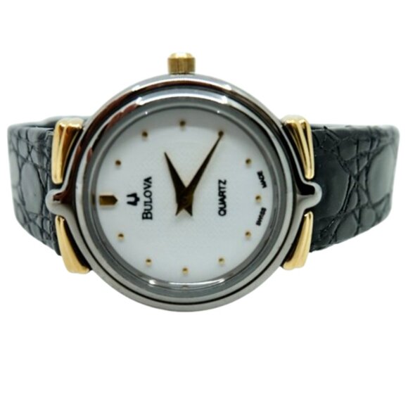 BULOVA~M497~SWISS MADE CLASSIC GOLD CASE & BLACK LEATHER BAND LADIES' WATCH